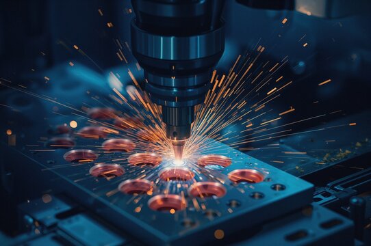 Electrode components being machined using a solid ball end mill on a CNC milling device.