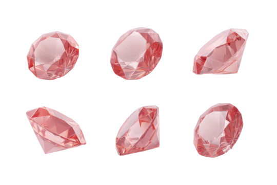 Six faceted pink gemstones on white background, cut out