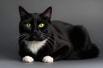 Portrait of a dark feline with emerald eyes against a neutral backdrop