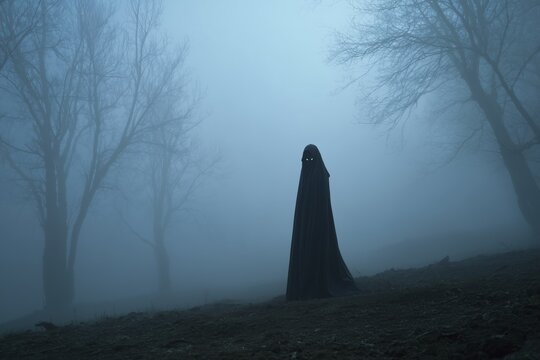 Dark ghostly figure in heavy fog eerie horror atmosphere