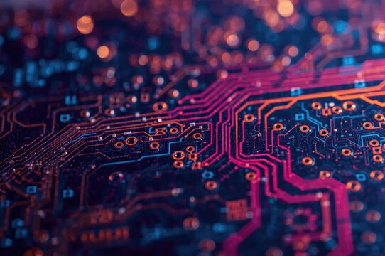 Detailed view of a vibrant microchip board showcasing technology elements