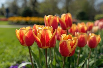 Fototapeta premium Close-up of vibrant red and yellow tulips in a spring garden