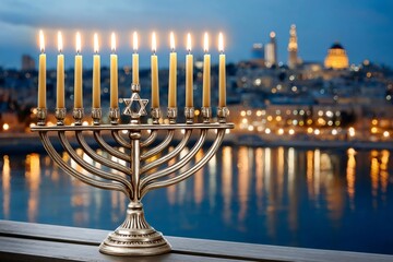 Naklejka premium Menorah celebrating hanukkah with jerusalem in the background