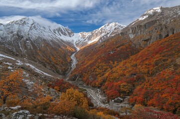 Snow-capped mountains rise above valleys blanketed with vibrant fall foliage, showcasing a stunning autumn landscape where the rich colors of the season blend with untouched natural splendor.