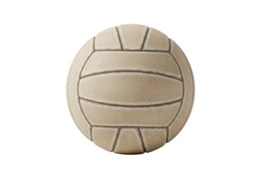 A single, worn sandy beige beach volleyball, slightly deflated with scuffed panels, resting on a transparent background with copy space, evoking summer memories concept