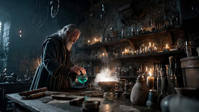 An ancient alchemist diligently works in a mystical and enchanted laboratory