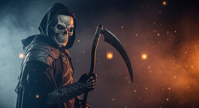 Grim reaper portrait with skeleton face and scythe in darkness. This grim reaper imagery conveys fear and death as well as conveying a eerie theme.