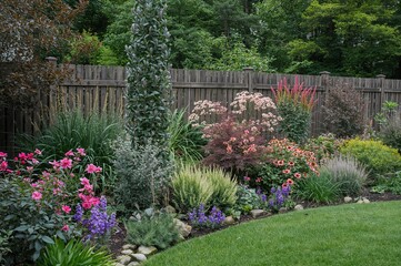 Obraz premium A stunning view of a garden featuring flowers and shrubs with a wooden fence backdrop.