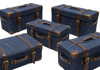 Five distinct, deep indigo canvas trunks, well-traveled with aged leather straps & antique brass buckles, on transparent studio background, concept of vintage travel.