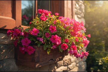 A detailed view of vibrant blooms in a planter on the windowsill.