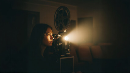 woman projecting a movie with an old projector