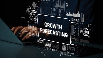 Data Analytics and Business Growth Forecasting Concept on a Modern Laptop Screen with Hands Typing. Asymptotic smart data analytic.
