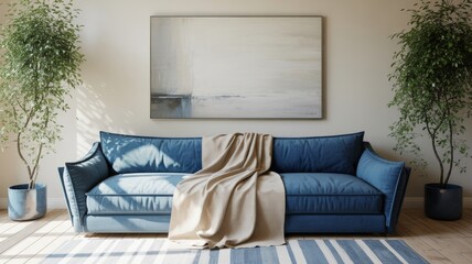 A modern living room featuring a blue sofa, a neutral blanket, potted plants, and an abstract painting on the wall.