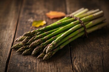Fresh asparagus bundle placed on a rustic wooden surface. Series of healthy food images.