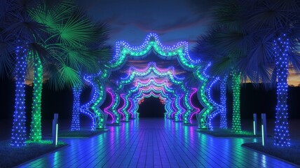 A vibrant, illuminated pathway features colorful lights arching over palm trees, creating a captivating nighttime scene.