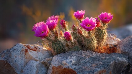 Blooming cactus with pink flowers growing on rocks. Natural landscape Mexican desert background