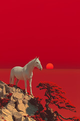 白馬と日の出のおめでたい情景