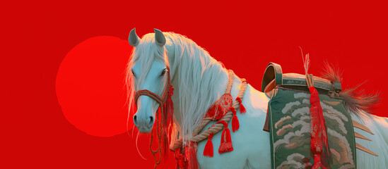 白馬と日の出のおめでたい情景