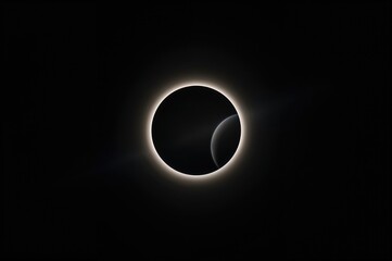 Solar eclipse with a glowing halo around the moon in a night sky