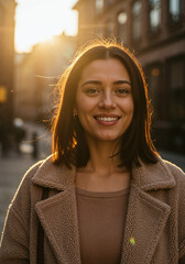 portrait of a young woman walking through the city