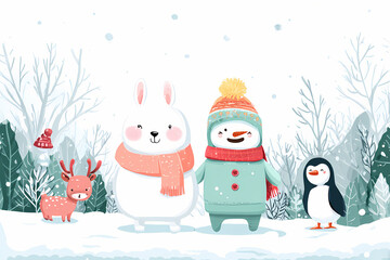 Adorable Cartoon Winter Scene with Playful Animals and Festive Christmas Tree on Clean White Background