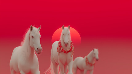 白馬と日の出のおめでたい情景