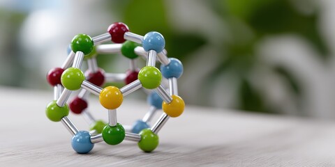 science education materials, professional d molecular model with colorful atom spheres, bond connectors, and educational materials, captured in natural light