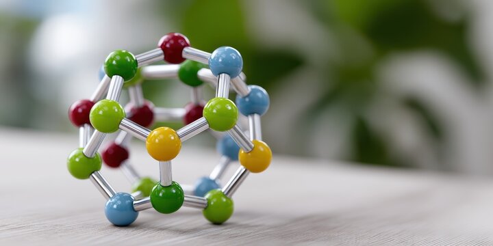 science education materials, professional d molecular model with colorful atom spheres, bond connectors, and educational materials, captured in natural light