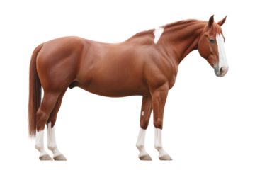 Chestnut horse with white socks standing side view on white background, cut out
