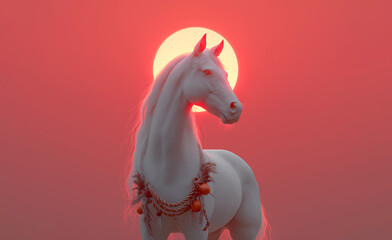 白馬と日の出のおめでたい情景