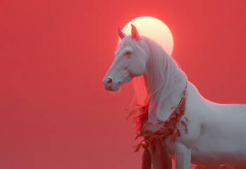 白馬と日の出のおめでたい情景