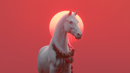 白馬と日の出のおめでたい情景