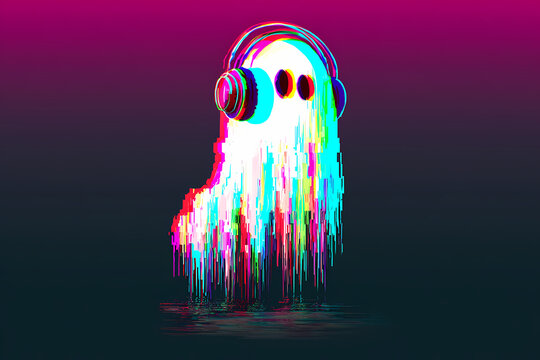 Glitch Ghost DJ Melting Pixel Art Visual Music Aesthetic Digital Distortion Artwork Vaporwave Style Electronic Music Character Graphic Design Illustration - Powered by Adobe