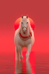 白馬と日の出のおめでたい情景