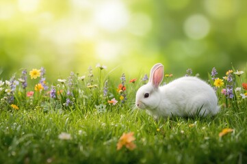A charming white rabbit roams through rich green grass on a bright summer afternoon, encircled by colorful blossoms forming a natural masterpiece.