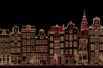 Obraz premium Amsterdam Canal Houses Architectural Line Drawing Facade Sketch Dutch Golden Age Architecture Narrow Homes Illustration Urban Cityscape Design