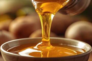 Macro image of natural honey flowing into a dish, showcasing golden, healthy, organic sweetness, yellow dessert dripping