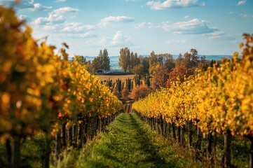 Naklejka premium Autumn vineyards with trees in the distance
