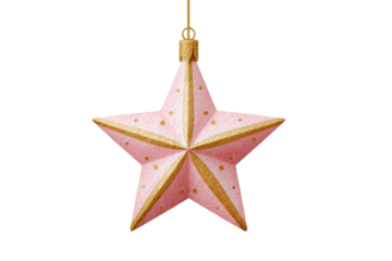 Pink and gold star-shaped ornament hanging on black background, cut out