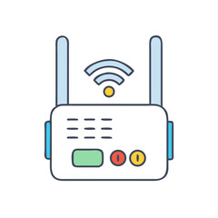 Cartoon image of a wifi router with antennas and indicator lights