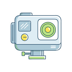 Cartoon illustration of an action camera with mount ready for capturing footage