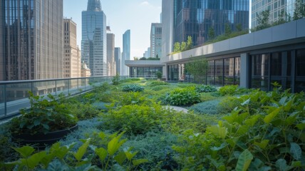 Fototapeta premium A vibrant rooftop garden filled with lush greenery, offering a contrast against the skyline of modern city buildings.