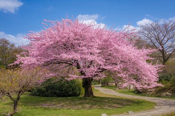 Stunning pink cherry blossoms flourishing in the early springtime. Sakura flowers in a serene garden setting.