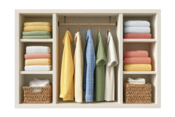 Organized wardrobe with colorful clothes and folded towels on wooden shelves, cut out