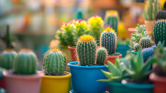 Various types of cacti in colorful pots for indoor succulent decor