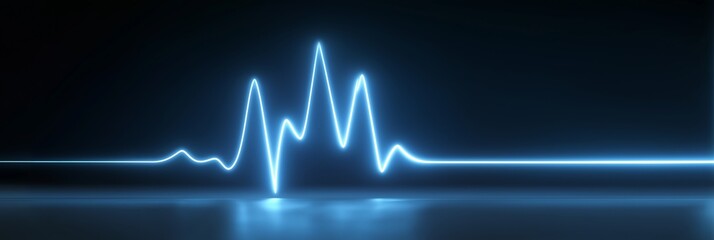 Glowing heartbeat ECG line on dark background for medical infographics, digital health dashboards, and hospital websites, blue neon style, 3:1 layout, minimal design, with wide copy space above