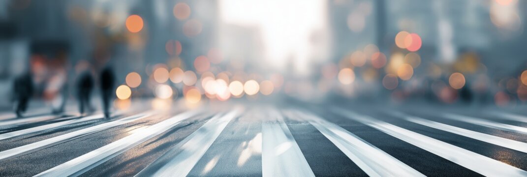 Abstract blurred crosswalk with pedestrians and traffic lights for website banners, urban planning presentations, and editorial blog headers, 3:1 ratio, cool tones, with wide copy space on right