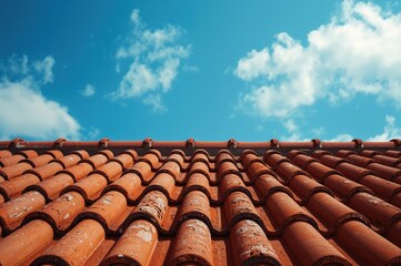 Detailed close-up of aged terracotta roof tiles under a clear blue sky, highlighting texture and design.