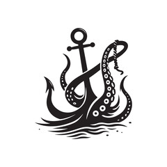 kraken tentacle dragging down anchor vector silhouette clip art logo design illustration