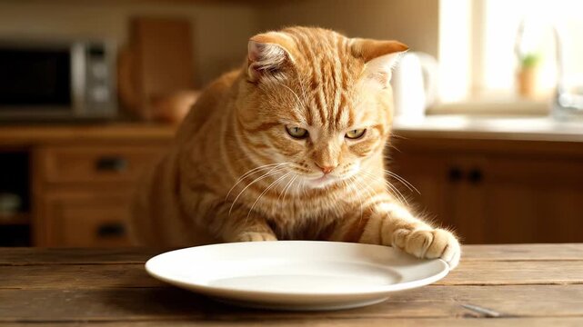 Sweet red cat perched on a wooden kitchen table. The lovable furry friend is licking a pristine white plate, eagerly anticipating another tasty meal